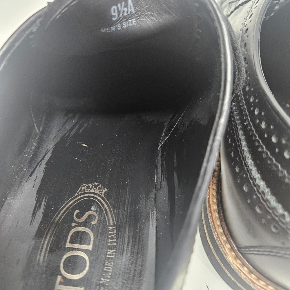 Tods Mens Black Leather Wingtip Brogue Derby Shoes Made in Italy Size 9.5 A - Picture 8 of 9